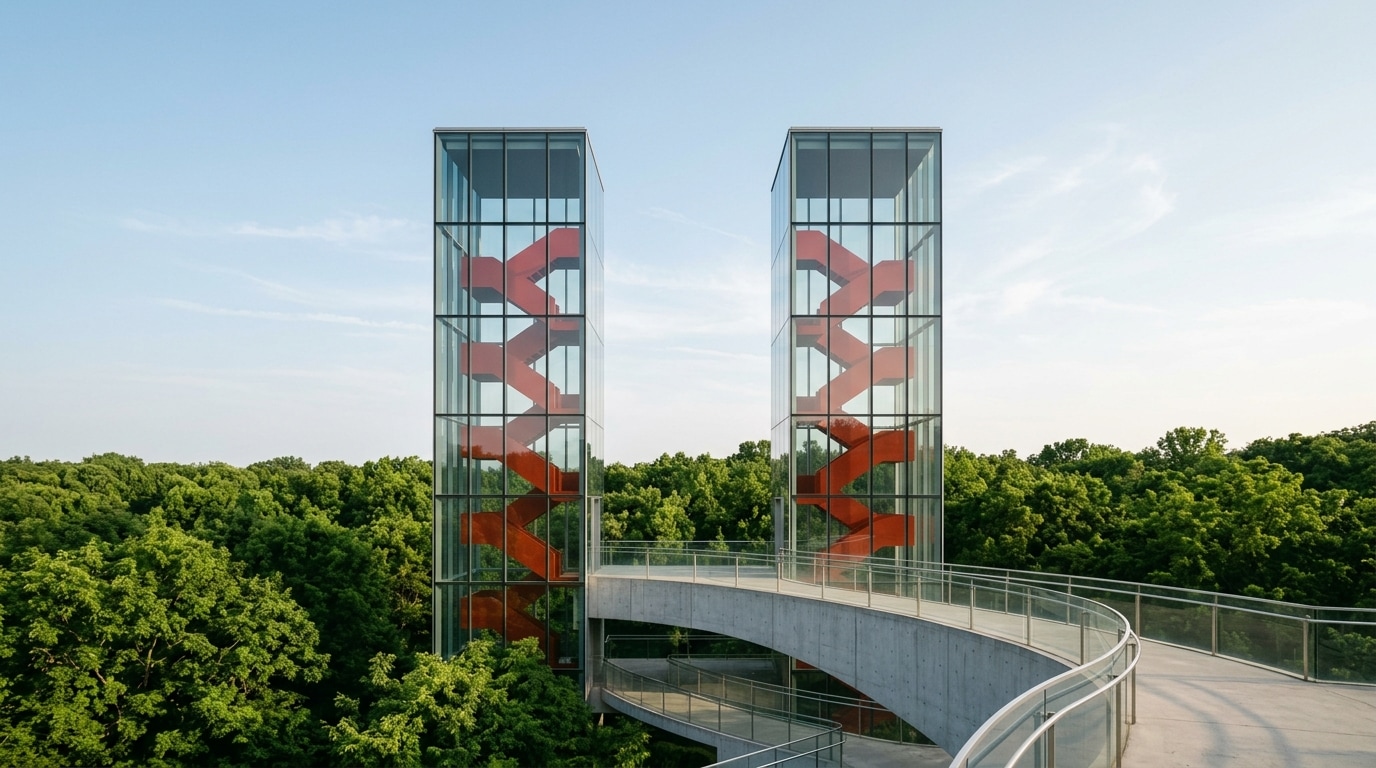 Twin Glass Towers with Red Staircase